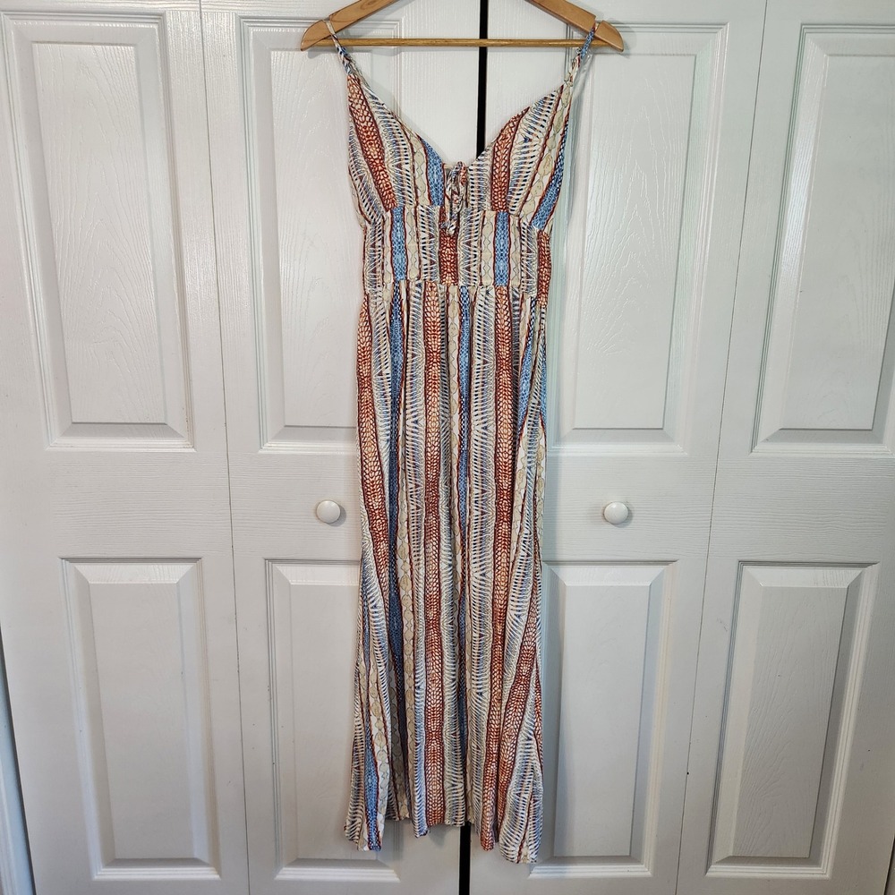 Jolie & Joy Womens Blue Orange Geometric Tribal Print Smocked Maxi Dress Medium